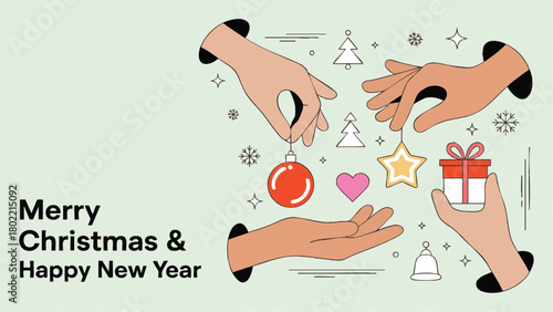 Hands Giving Christmas Ornaments and Gifts Abstract Vector