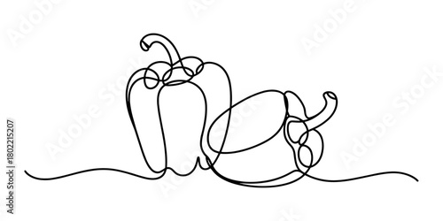 Minimalist continuous line of two bell peppers, ideal for food design, healthy eating concepts, and modern graphic artwork.