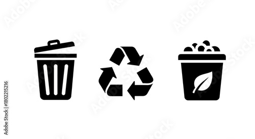 Eco-friendly icons: recycling, waste management, and composting symbols in black silhouette style