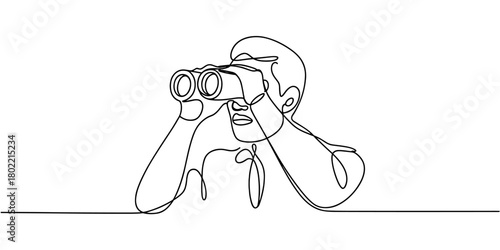 a person using binoculars, symbolizing searching, exploration, observation, and focus in a simple graphic style.