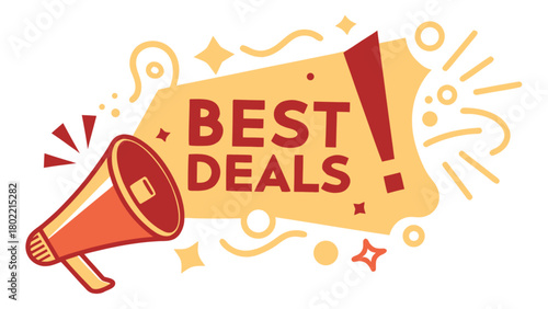 Megaphone announcing best deals with exclamation point and decorative elements on a white background