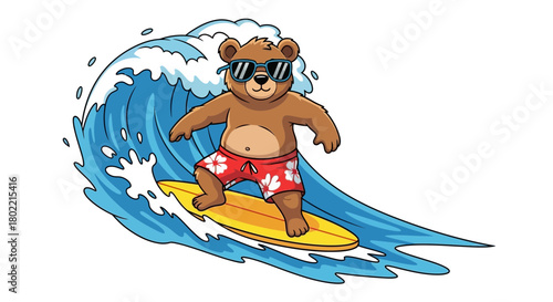 Cartoon bear surfing on a wave wearing sunglasses, enjoying a summer day