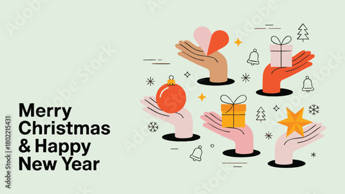 Diverse Hands Holding Christmas Gifts and Ornaments Modern Vector