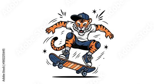 Tiger athlete skateboarding, performing tricks with cap, urban style isolated on white