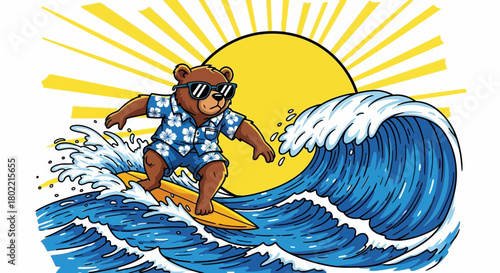 Cartoon bear surfing a big wave under the sun on a surfboard illustration
