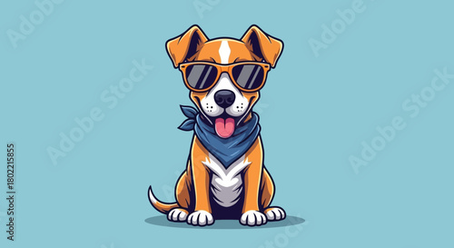 Cartoon dog with sunglasses and bandana sitting on a blue background
