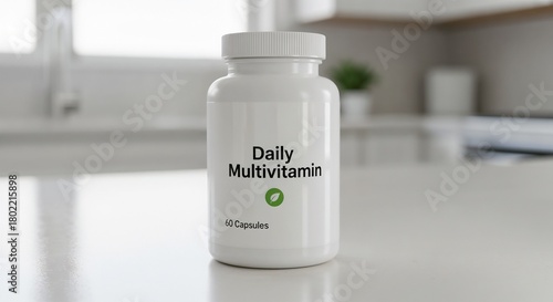 Daily multivitamin bottle on kitchen counter with modern decor  