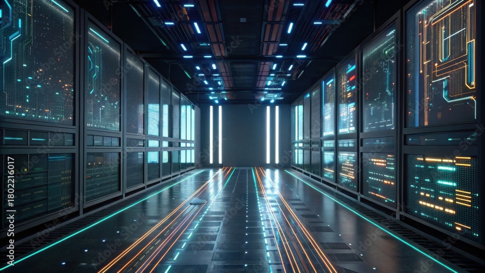 Obraz premium A futuristic data center corridor with illuminated panels and sleek design, showcasing advanced technology.