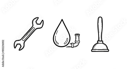 Hand-drawn plumbing set: wrench, water drop, plunger