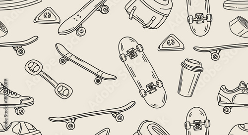 Seamless skateboarding pattern, featuring skateboards, shoes, and accessories in line art style