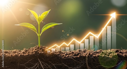 Sustainable business investment and financial planning. Economic growth and environmental responsibility. Small plant growing in fertile soil with a rising golden line graph.