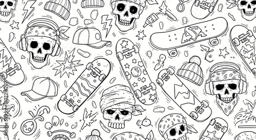Intricate seamless pattern showcasing skateboard culture with edgy skulls and skateboards