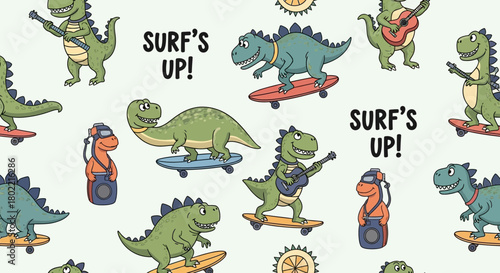 Cartoon Dinosaurs Surfing and Playing Music: Fun and Playful Seamless Pattern Design