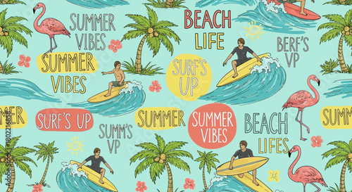 Vibrant summer pattern featuring surf culture, tropical flora, and beach themed elements