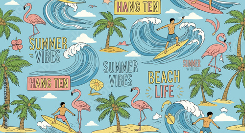 Vibrant summer vibes pattern design featuring tropical beach elements and fun cartoon style