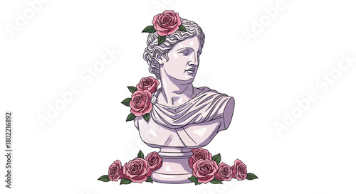 Elegant Bust of Greek God Adorned with Roses: A Timeless Fusion of Art and Nature