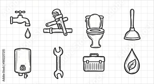 Hand drawn plumbing tools and fixtures set on grid background