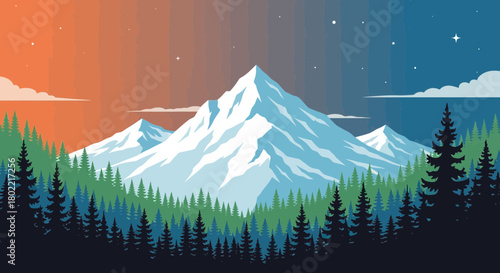 Serene mountain landscape with snow-capped peaks and lush evergreen forests