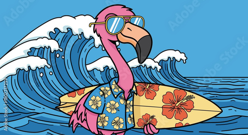 Tropical flamingo surfer cartoon with surfboard and ocean waves illustration