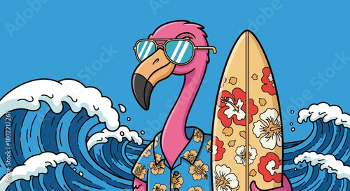 Cartoon flamingo surfer with sunglasses and surfboard against blue waves backdrop