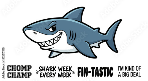 Humorous cartoon shark illustration with playful typography conveying fun and excitement