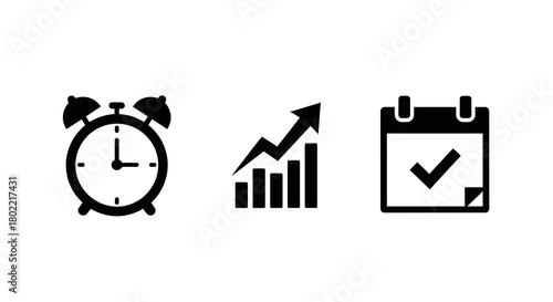 Time management symbols: alarm clock, growth chart, and calendar icon set