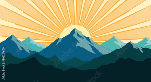 Stylized mountain range illuminated by a radiant sunrise illustration