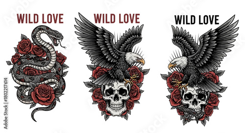 Wild Love Tattoo Designs: Snake, Eagles, Skull and Roses for Tattoo Artists