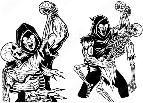 Grim reaper carrying a skeleton, a spooky and macabre illustration isolated on, perfect for halloween designs