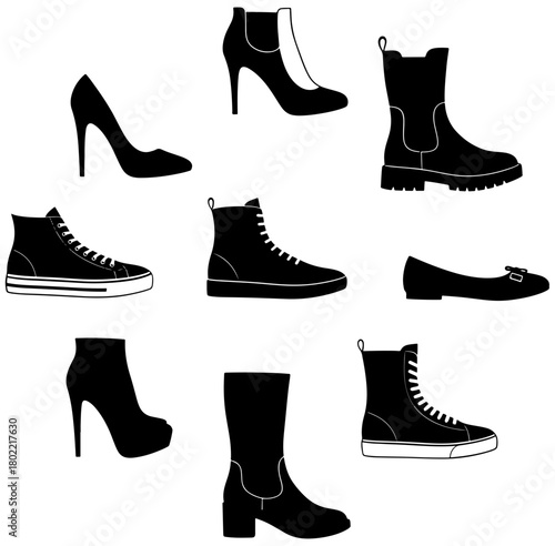 Collection of various womens shoes silhouette isolated on for fashion and style design