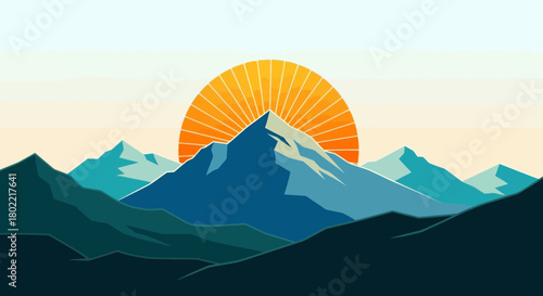 Stylized mountain landscape with sun rising over the peaks vector illustration