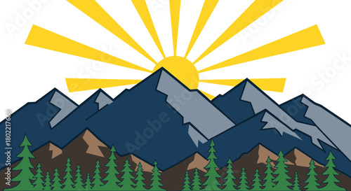 Sunrise over mountain range and evergreen forest illustration landscape