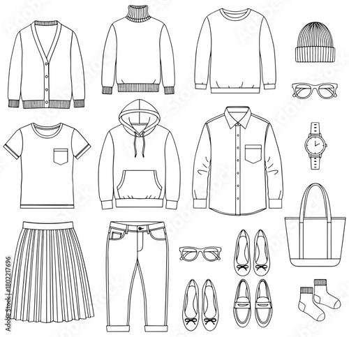 Collection of fashion clothing and accessories line art isolated on for design and creativity