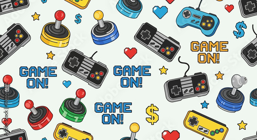 Vibrant Gaming Pattern Featuring Classic Game Controllers and Retro Style Accents