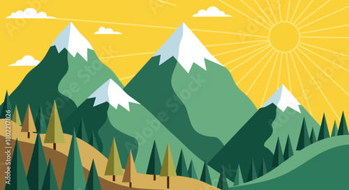 Stylized mountain landscape illustration with trees and sun rays graphic design