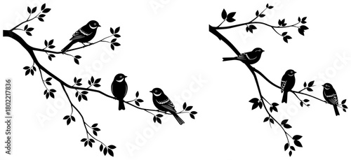 Silhouette of birds perched on branches isolated on, creating a peaceful and natural scene
