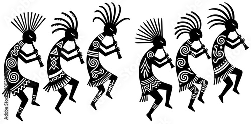 Set of kokopelli silhouette figures playing flute isolated on native american fertility deity vector illustration