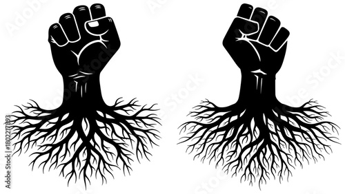Empowering roots a symbol of strength and growth, two fists rise from roots, representing resilience and connection isolated on