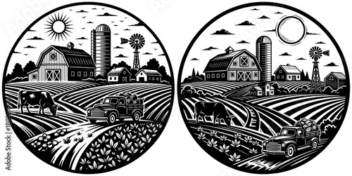 Two rural landscapes with a farm, black and white illustration in engraving style, isolated on