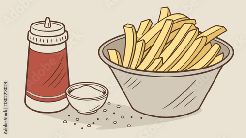 A cartoon illustration of french fries in a bowl with ketchup and salt on a light background color