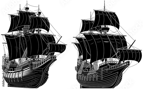 Two detailed galleon ship illustrations in black and white isolated on, featuring sails, masts, and intricate hull designs