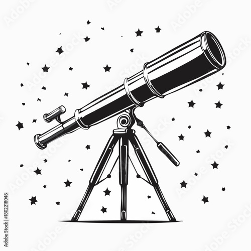 Monochrome telescope gazing at celestial wonders with scattered stellar adornments