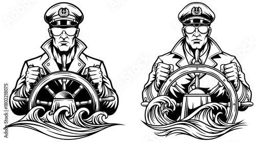 Two captain illustrations at the helm with waves isolated on, showcasing nautical leadership and maritime adventure