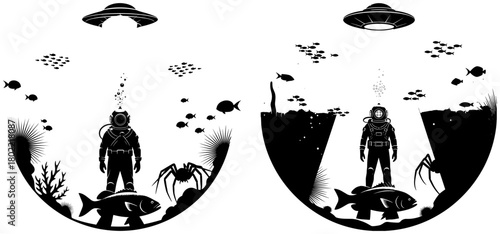 Monochrome vector illustration of a diver encountering a ufo underwater, surrounded by marine life, creating a surreal and mysterious scene