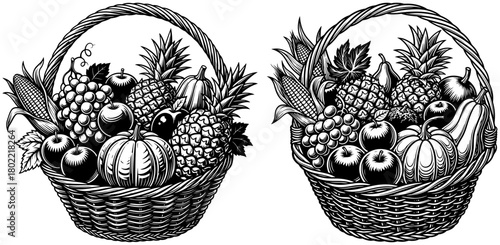 Two baskets filled with a variety of fresh fruits and vegetables isolated on hand drawn vector illustration
