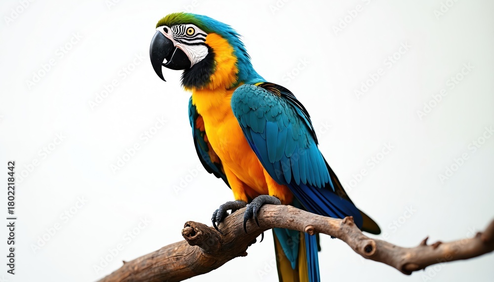 Fototapeta premium Colorful blue, yellow macaw parrot perched on branch. Vibrant tropical bird with bright feathers, strong beak. Isolated on white background. Exotic wildlife illustration. Brazilian fauna species.