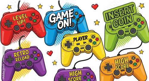 Colorful retro video game controllers illustration design for digital content