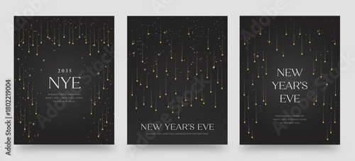 Elegant New Year’s Eve Poster Banner Set with Falling Gold Lights on Black Background
