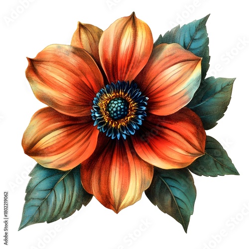 Detailed botanical illustration showcases a vibrant orange blossom surrounded by deep teal foliage.