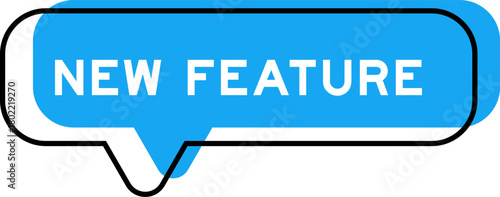 Speech banner and blue shade with word new feature on white background